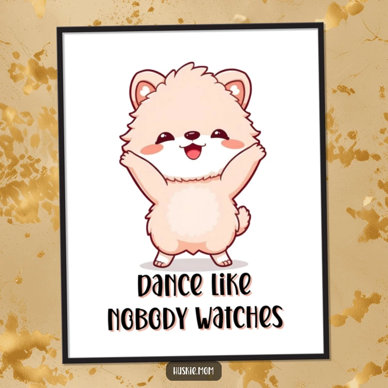 Funny Poster: A happy fluffy animal with a wide grin, captured mid-dance, exuding fun and celebration.