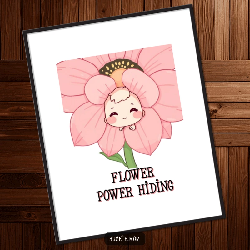 Funny wall art poster featuring a shy character hiding behind a large, vibrant flower, a subtle, happy grin conveying a sense of playful shyness.