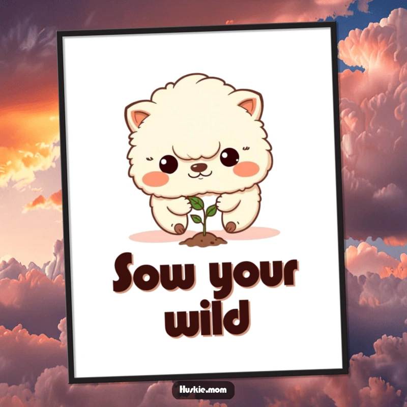 Funny poster print of a fluffy animal with a determined face planting a tiny seed, symbolizing potential.