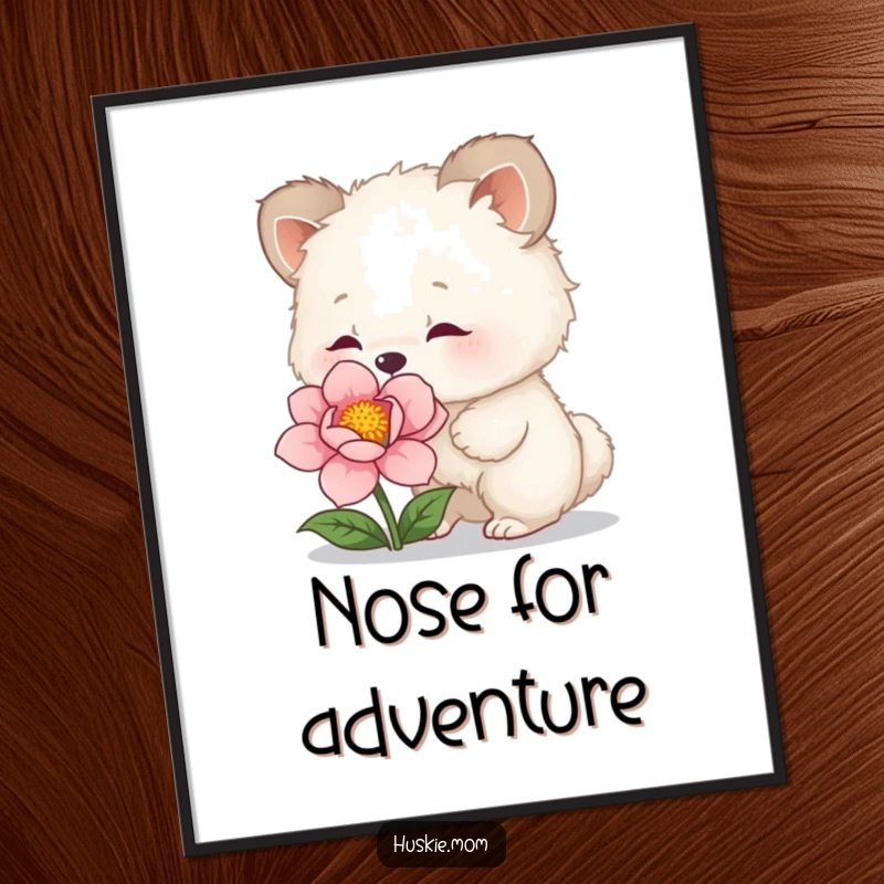 Funny Poster: Artistic print of a fluffy animal curiously sniffing a flower, adding a humorous and natural element to decor.