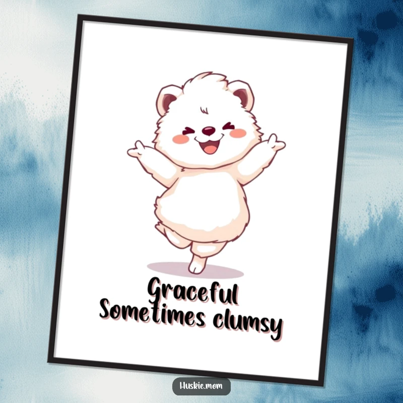 Funny poster featuring a fluffy animal with a big smile executing a graceful pirouette, adding humor to any room.