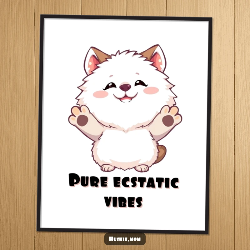 Funny Poster of a fluffy animal with a goofy grin joyfully throwing its paws in the air, capturing infectious excitement.