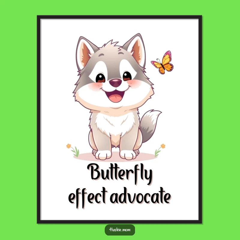 Funny Husky Butterfly Chase Poster: Whimsical Fluffy Dog Art Funny Gift