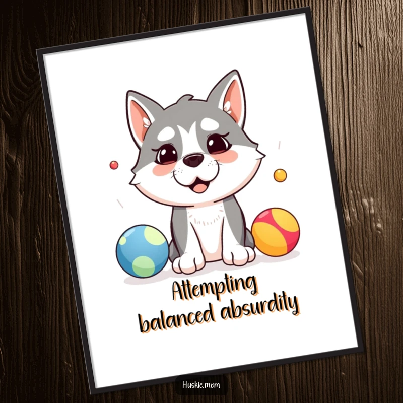Funny poster of a silly husky dog attempting to juggle three colorful balls with a determined and comical expression, bringing humor.