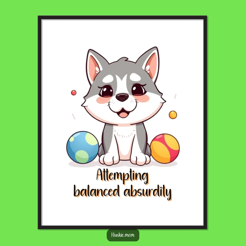 Funny Husky Juggler Poster: Silly Pup's Attempt Brings Humor to Any Room, Perfect Funny Gift
