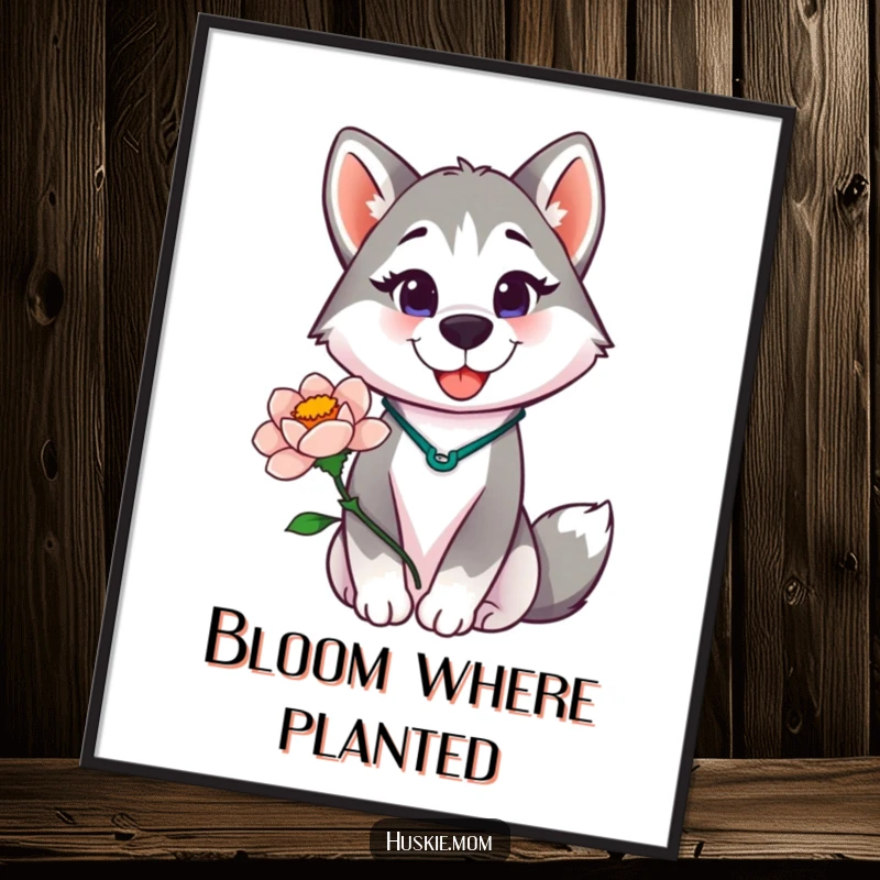 Funny Husky Lady Poster, a vibrant and humorous artwork of a proud husky lady holding a blooming flower, perfect wall decor.