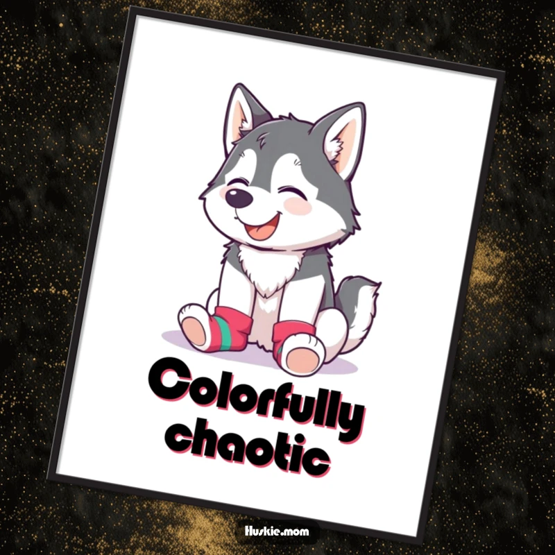 Funny Husky Lady Poster of a husky giggling while wearing mismatched colorful socks, a whimsical piece of art.