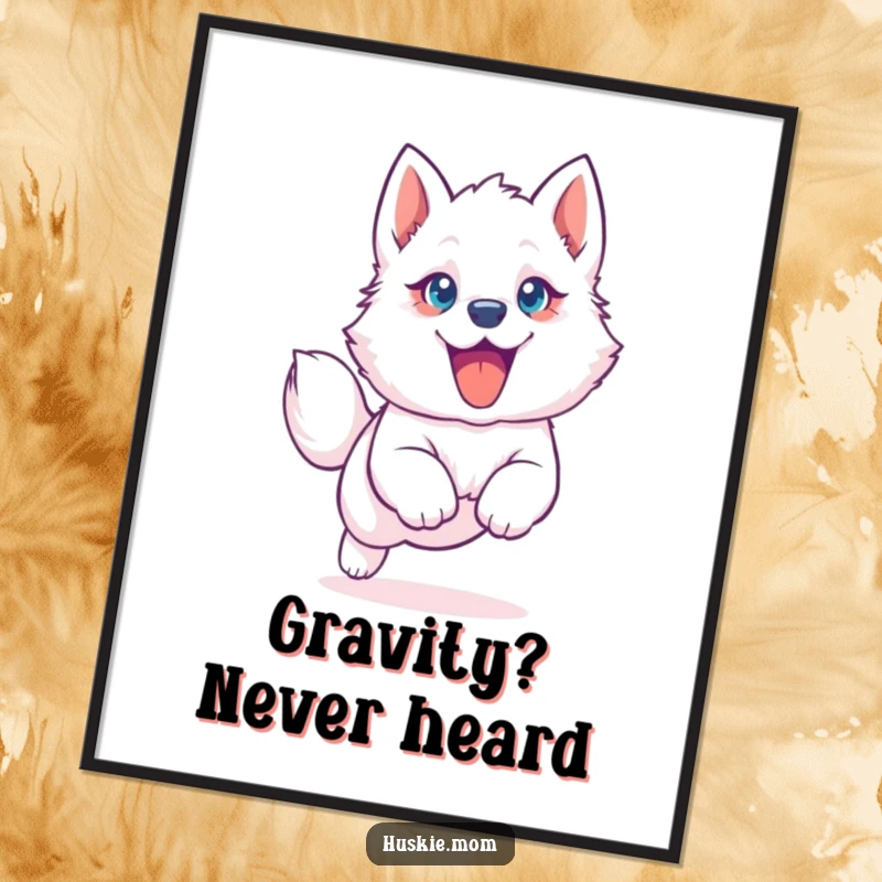 Funny Husky Puppy Poster: Wall art of a cute husky pup jumping with big blue eyes and a floppy ear, excellent funny gift.