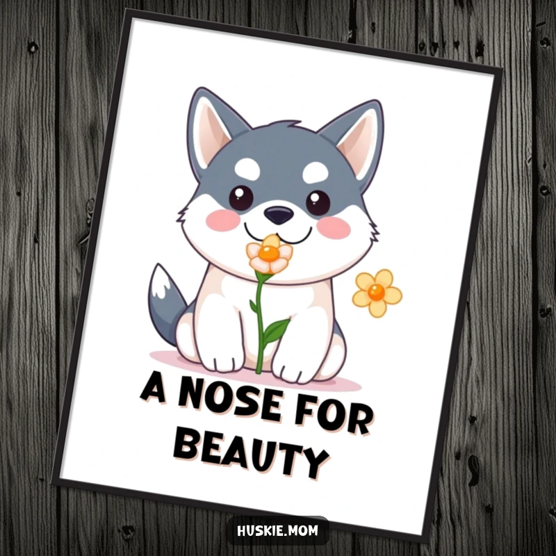 Funny Kawaii Husky Poster: Wall art featuring a cute husky holding a flower, adding charm and humor, great funny gift.