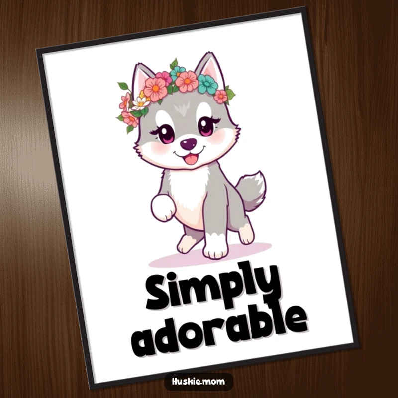 Funny kawaii husky puppy prancing with a flower crown, featured as sweet wall art on a poster.