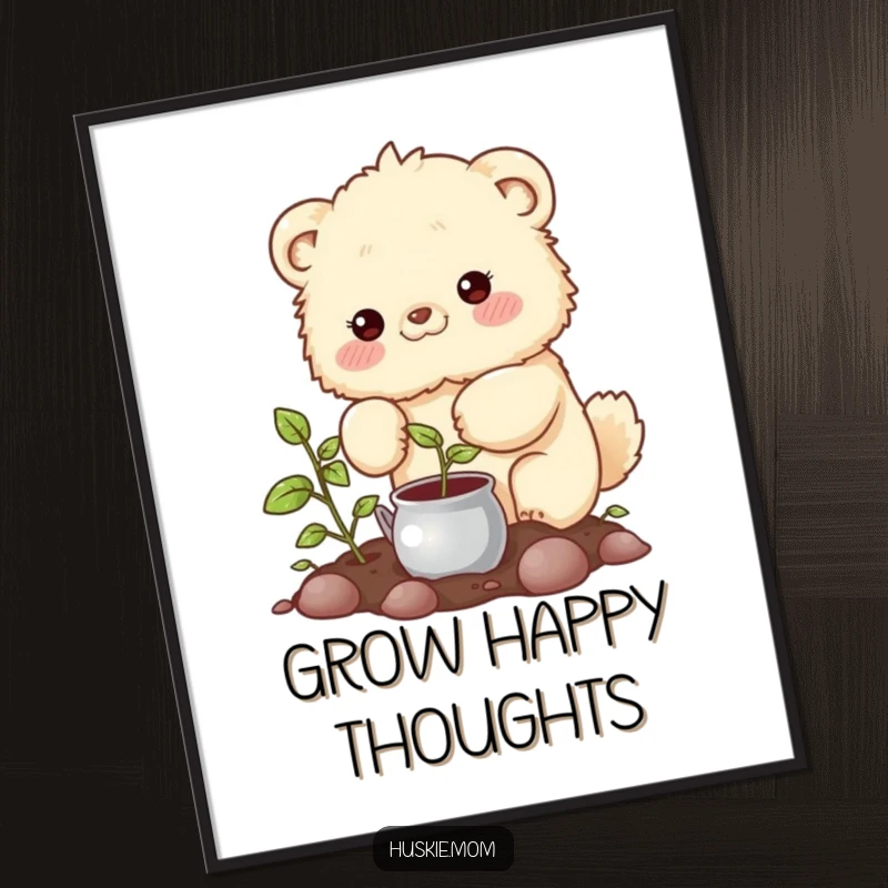 Funny Poster: A happy fluffy animal with rosy cheeks gently watering a sprouting plant, evoking nurturing vibes.