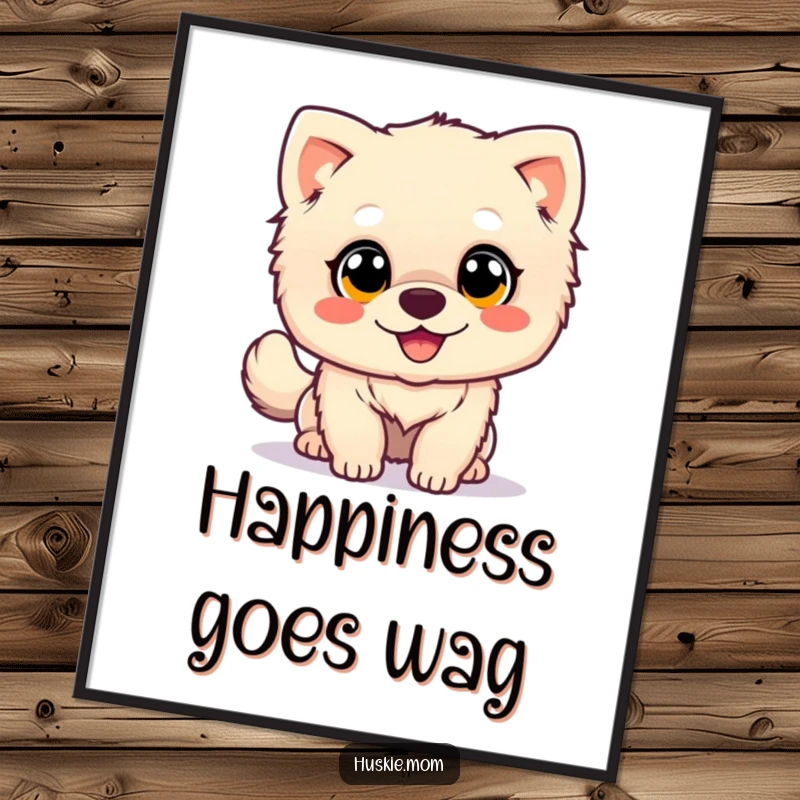Happy Wagging Dog Poster: A very fluffy dog with large, innocent eyes is captured mid-tail wag, radiating pure happiness.