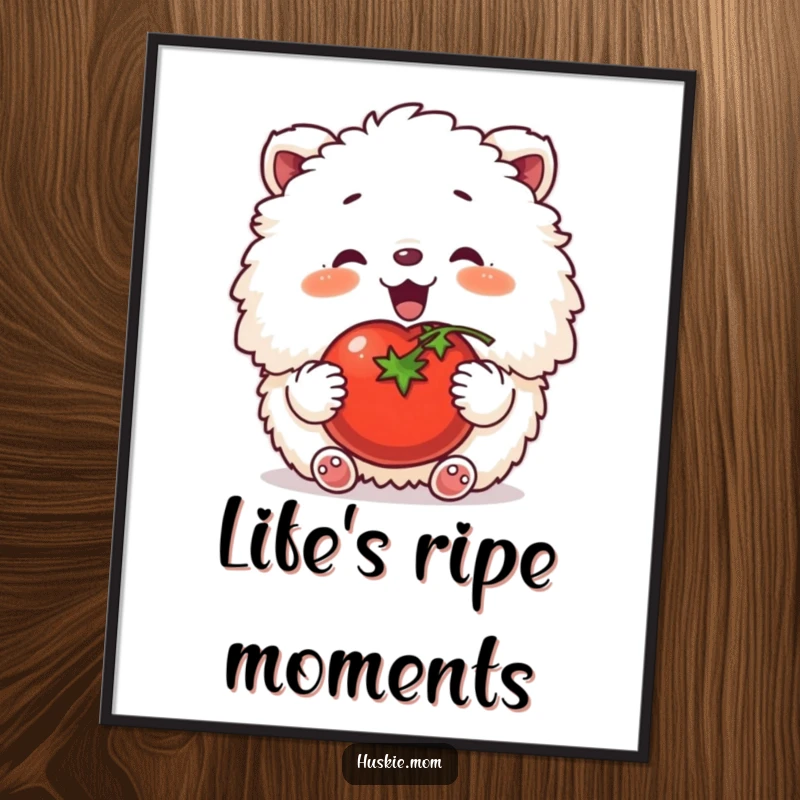 Funny poster showing a fluffy animal contentedly patting a ripe tomato, evoking a sense of garden satisfaction.