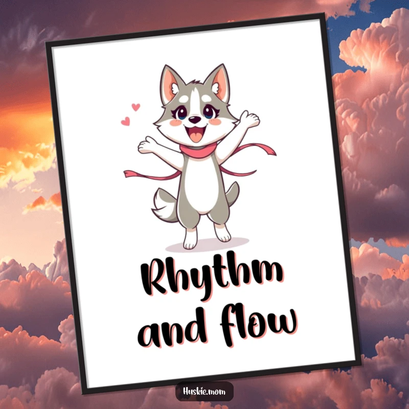 Funny Husky Lady Poster, humorous artwork of an energetic husky lady performing a silly dance with a flowing ribbon.