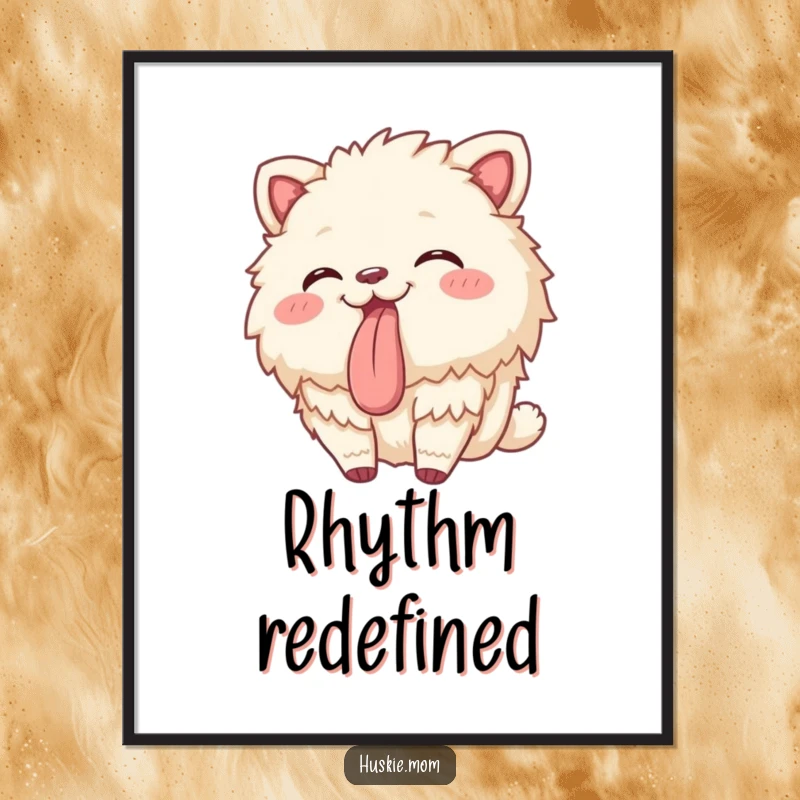 Funny poster of a fluffy animal playfully swaying with its tongue sticking out, conveying joyous movement and humor.