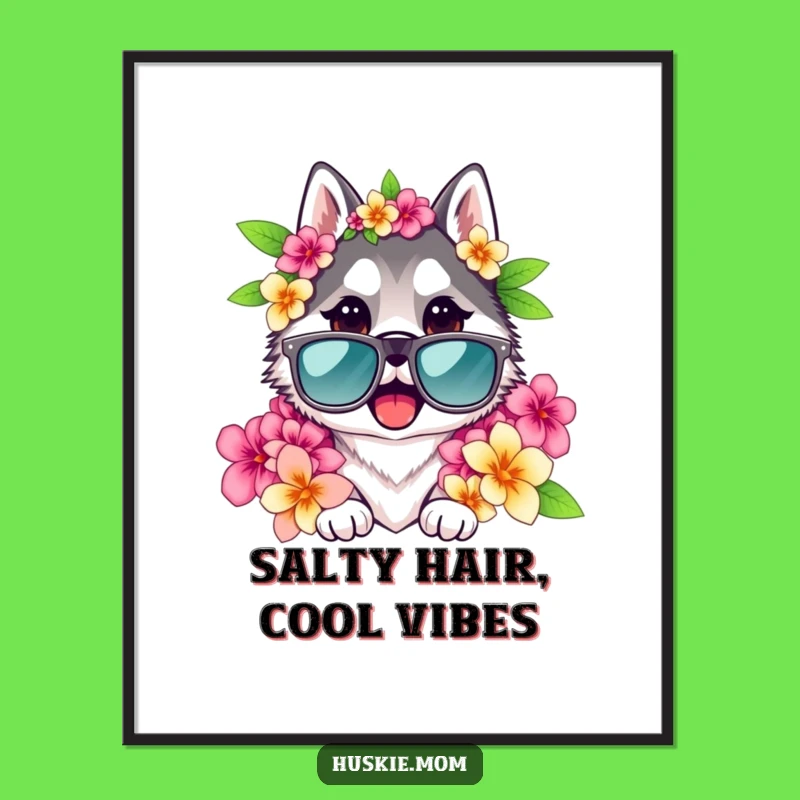 Funny Husky Lady Poster: Cool Sunglasses & Lei, Hilarious Tropical Wall Art