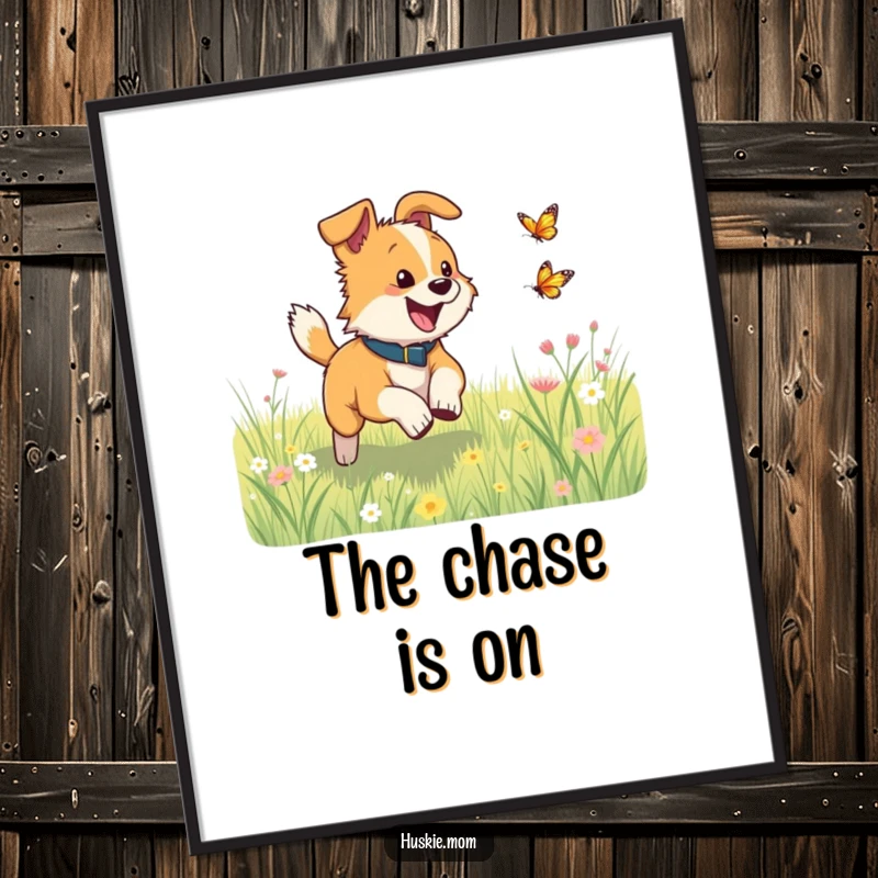 Funny dog excitedly chasing a small butterfly in a meadow, depicted as lively wall art on a poster.