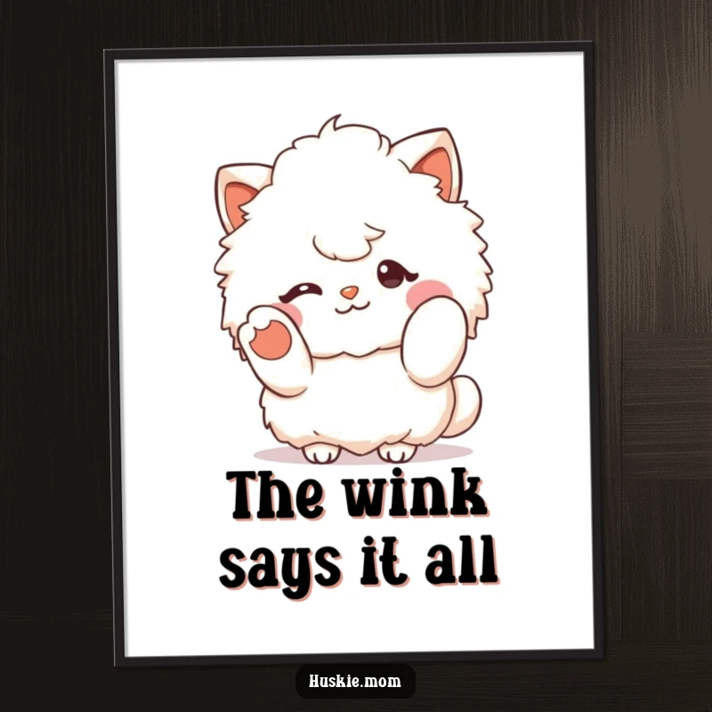 Funny fluffy character winking and gesturing with a paw, presented as cute and humorous wall art for cheerful spaces.