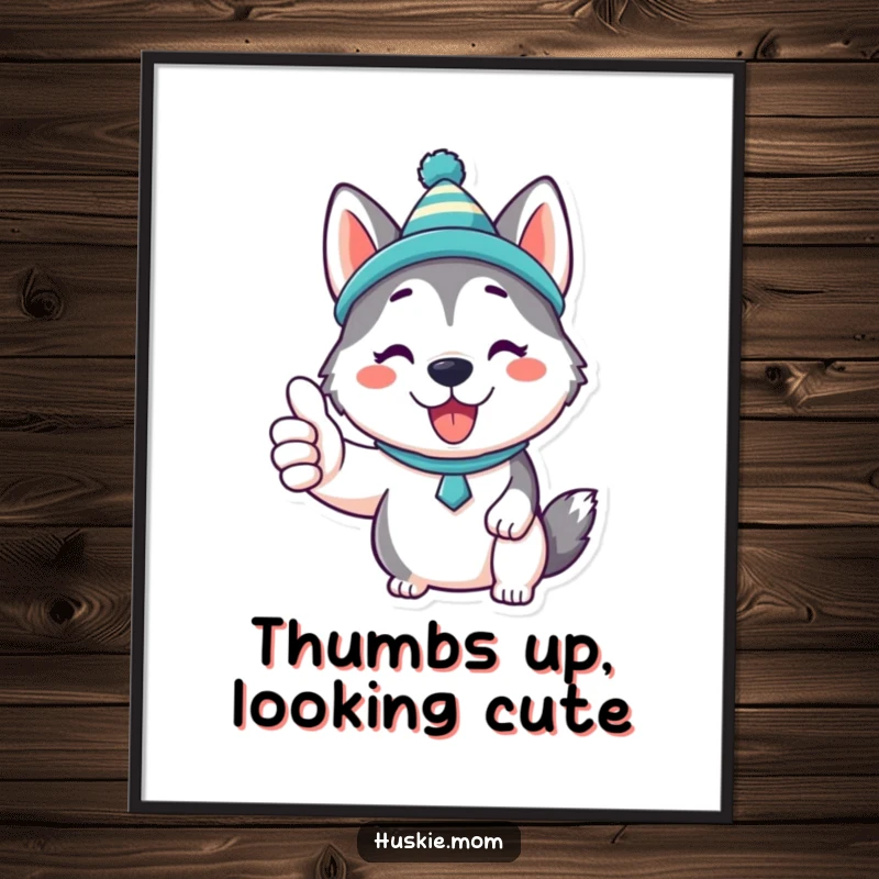Funny Kawaii Husky Poster: An artistic representation of an adorable Husky wearing a silly hat and giving a positive thumbs up.