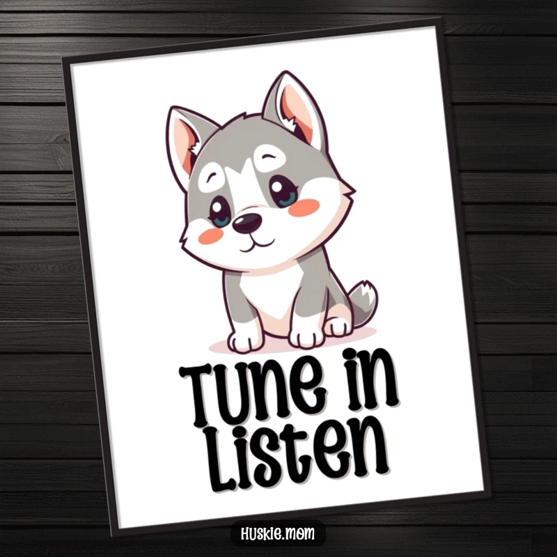 Funny Kawaii Husky Poster: A cute husky tilts its head, listening intently, creating humorous and charming wall art.