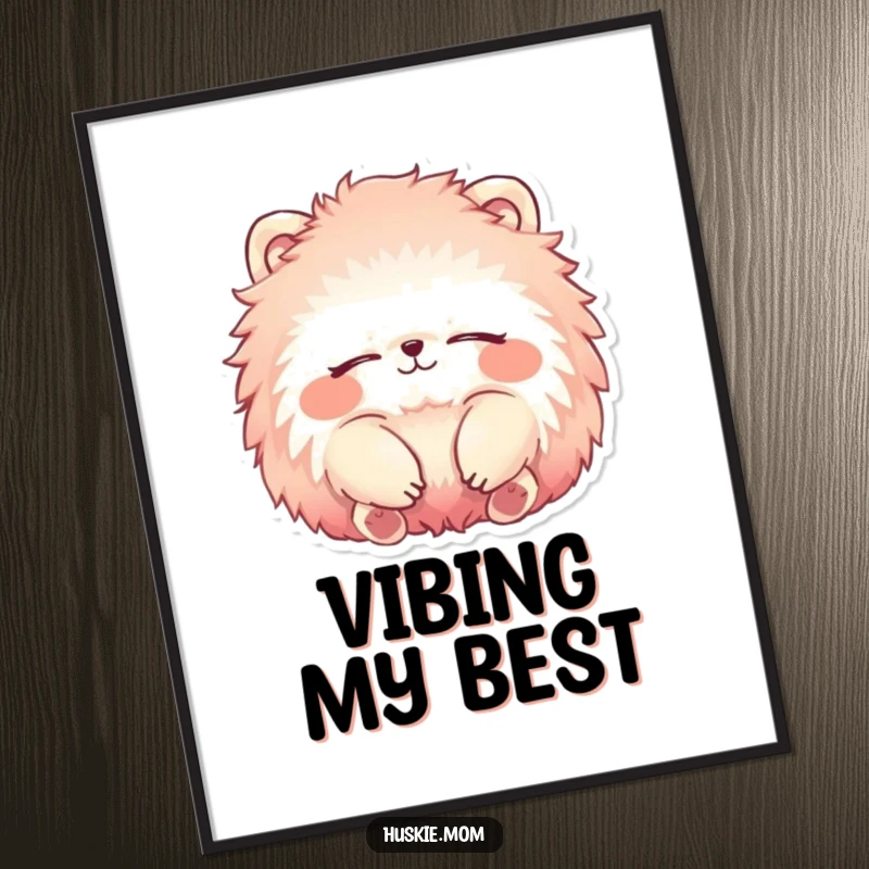 Funny Poster of a fluffy animal with vibrant fur, eyes closed and smiling, radiating peacefulness and humor.
