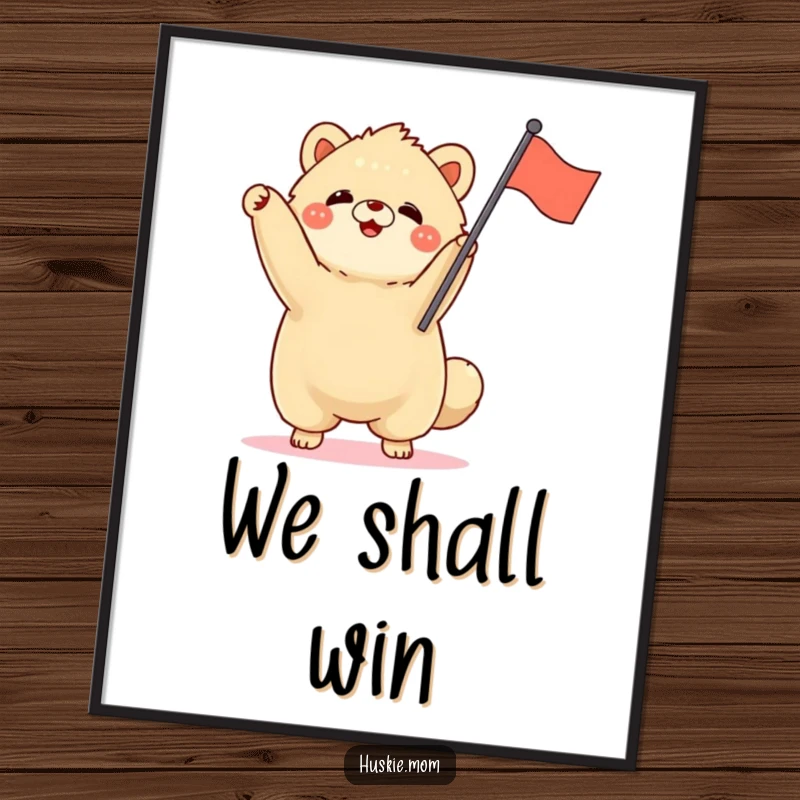 Funny fluffy animal standing tall, waving a small flag with excitement, energetic wall art, celebratory rally design.