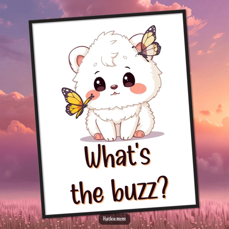 Funny poster featuring a fluffy animal with a curious tilt, watching a butterfly, capturing a moment of gentle fascination and natural beauty.