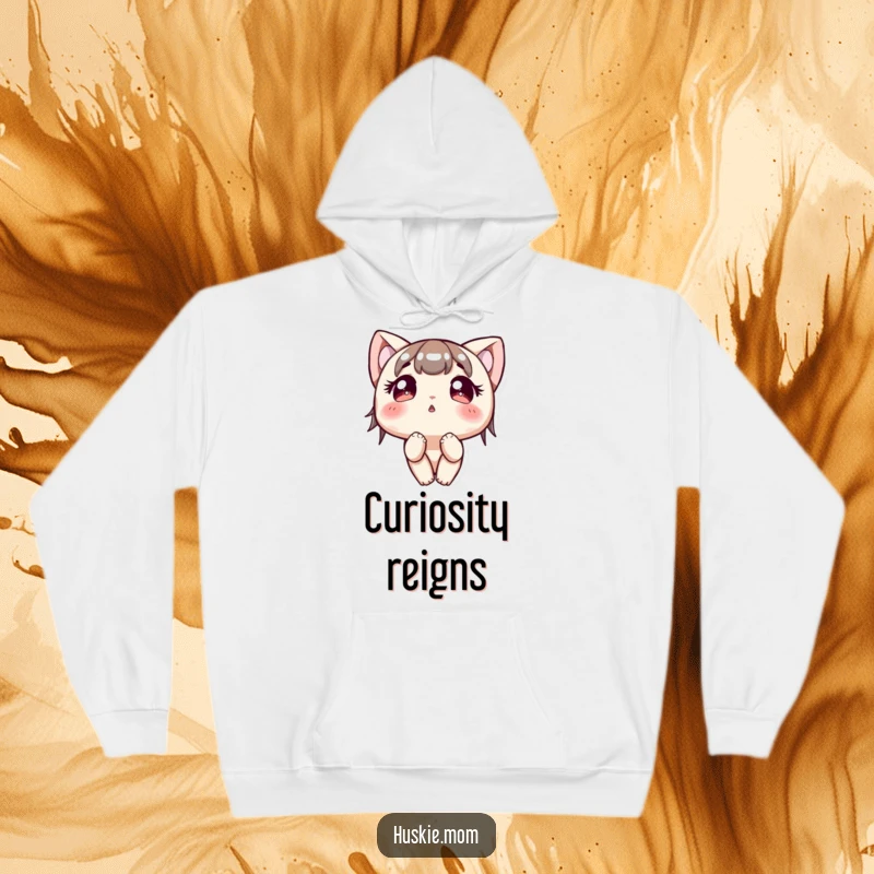 Funny Hoodie: A character with large, bright eyes looks up curiously, designed to inspire wonder and comfort.