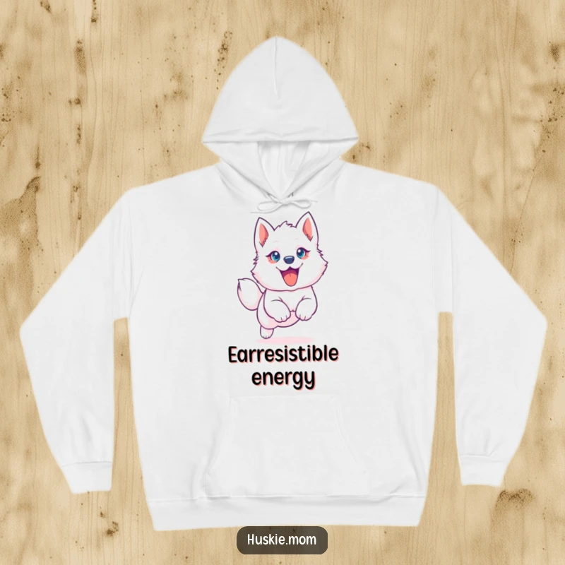 Funny Husky Puppy Hoodie: Soft hoodie with a leaping husky pup, big eyes, floppy ear, perfect cozy funny gift.
