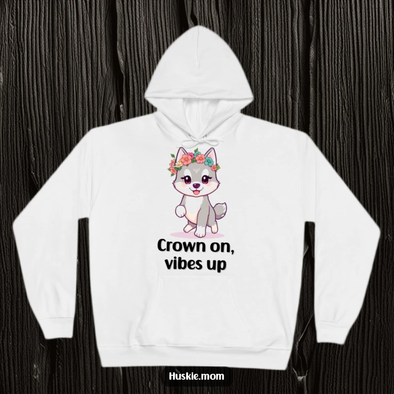 Funny kawaii husky puppy prancing with a flower crown on a cozy hoodie, radiating warmth and sweetness.
