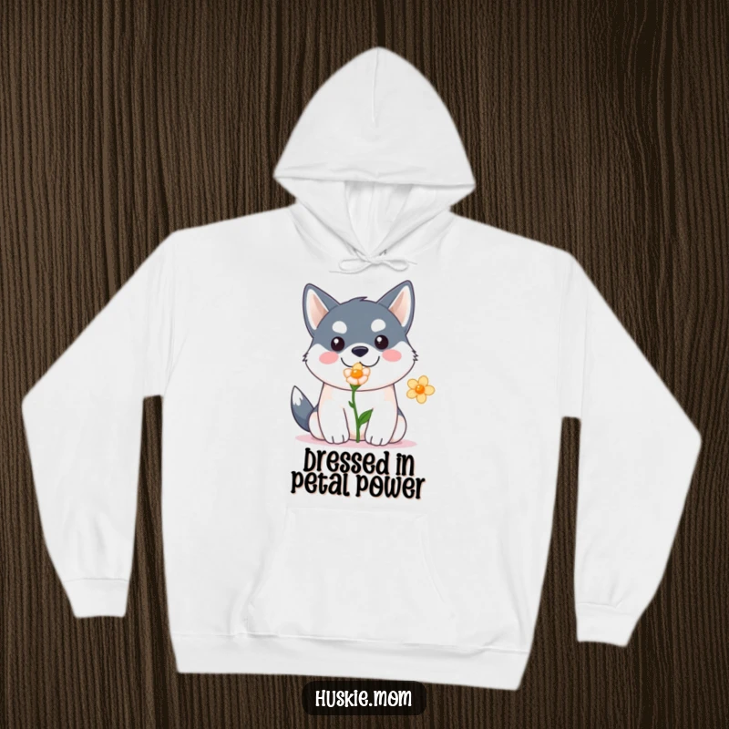 Funny Kawaii Husky Hoodie: Soft hoodie with a cute husky offering a flower, perfect cozy and funny gift.