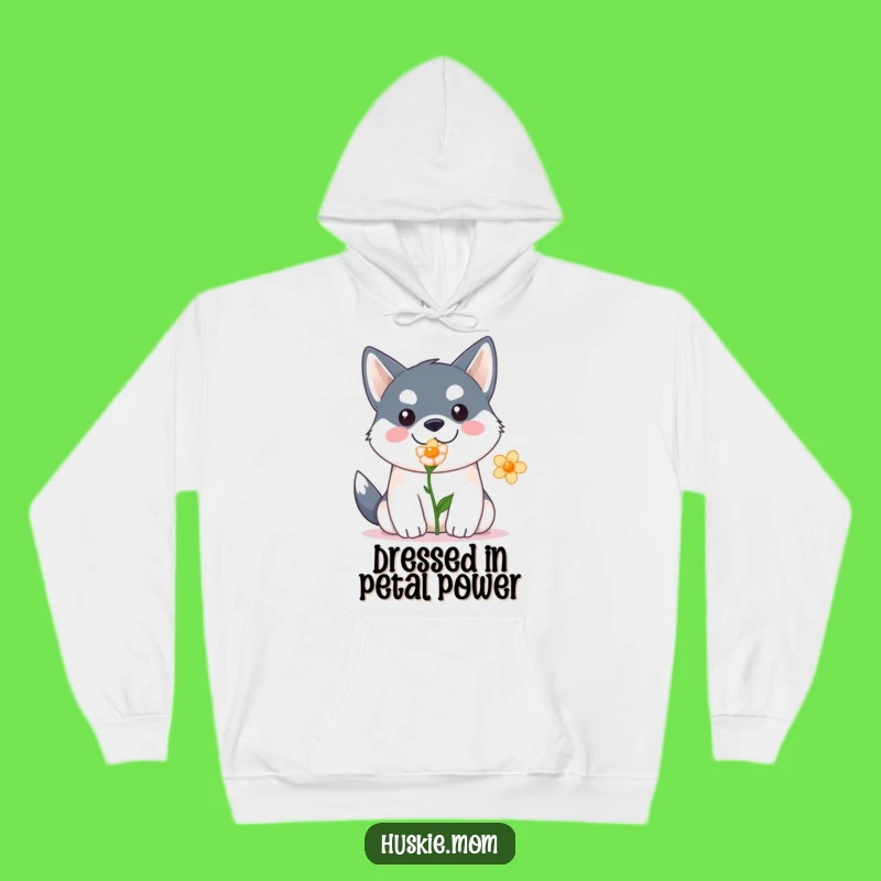 Cozy Funny Kawaii Husky Hoodie: Sweet Dog Presenting Flower, Your Perfect Humorous Gift