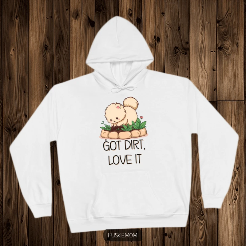 Funny fluffy animal with a bushy tail digging in a garden bed, featured on a soft hoodie, embodying garden fun and humor, a fantastic funny gift.