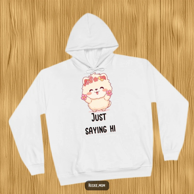 Funny fluffy animal with flowers in fur, warm inviting gesture, cozy hoodie for pet lovers, cute and cheerful design.