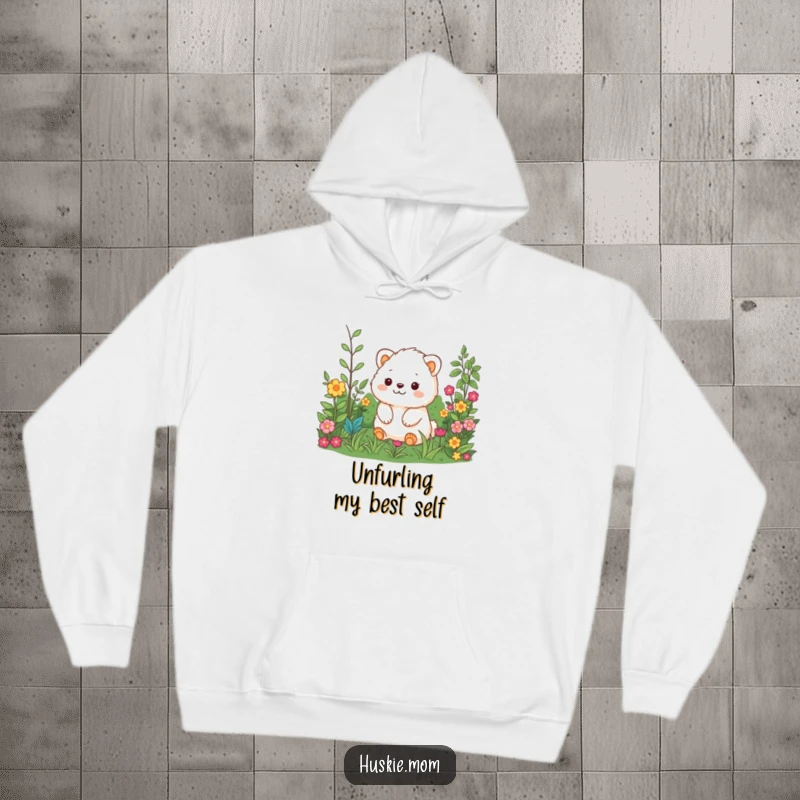 Funny hoodie with a delighted fluffy animal observing a vibrant, sprawling garden, radiating warmth and happiness.