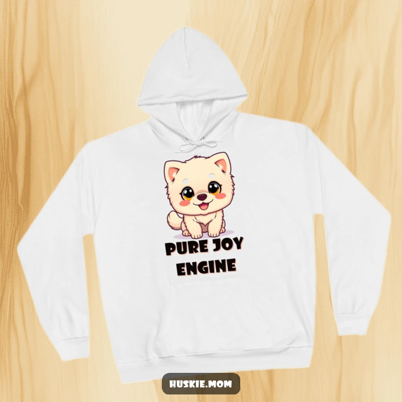 Happy Wagging Dog Hoodie: A fluffy dog with big, expressive eyes energetically wags its tail, radiating happiness and warmth.