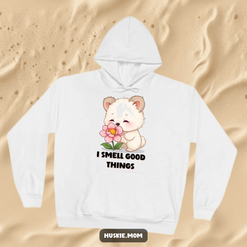 Funny Hoodie: Cozy hoodie showcasing a fluffy animal curiously sniffing a flower, blending warmth with nature's delightful humor.