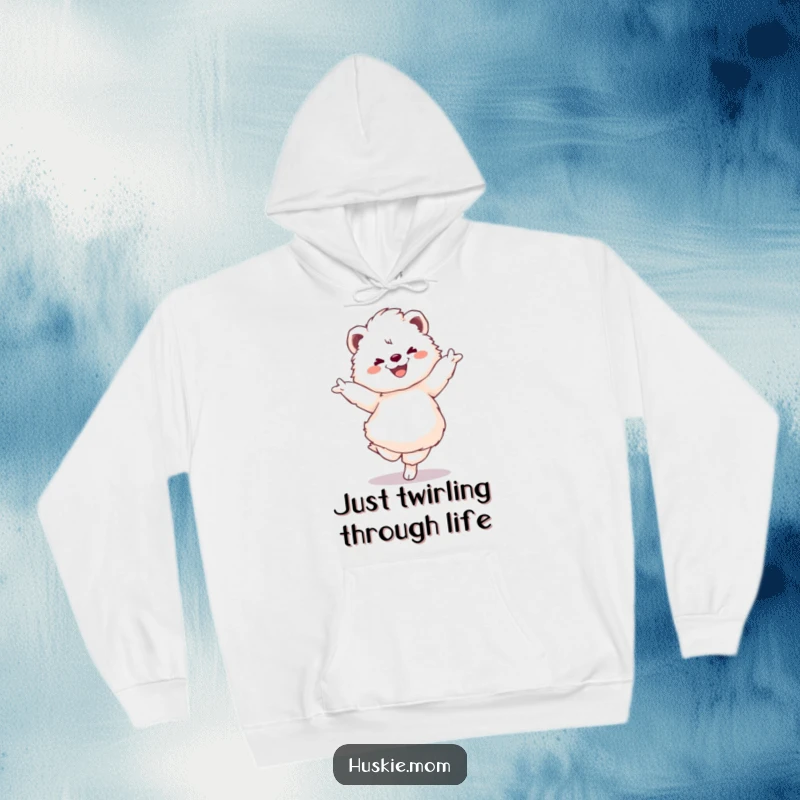 Funny hoodie showcasing a fluffy animal in a dynamic pirouette, radiating happiness and a flair for the dramatic.