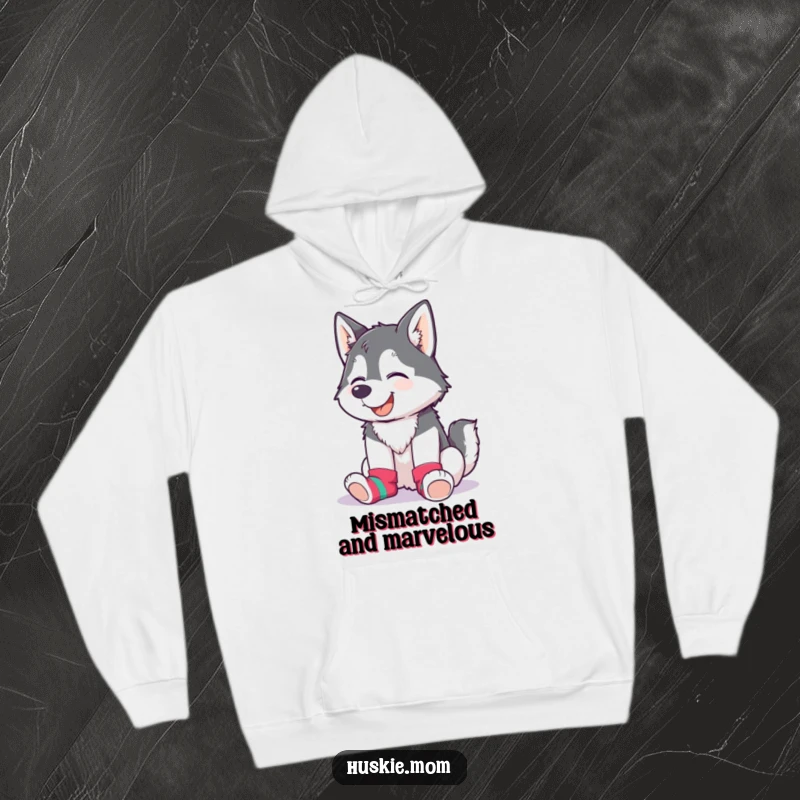 Funny Husky Lady Hoodie featuring a giggling husky wearing mismatched fun socks, perfect for cozying up.