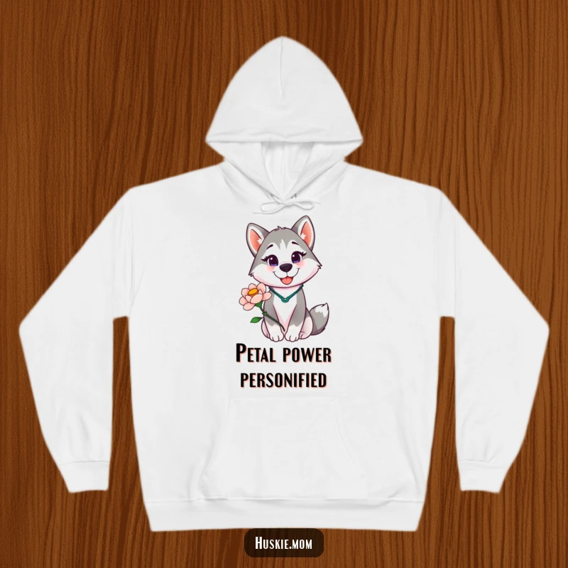 Funny Husky Lady Hoodie, soft and cozy, depicting a proud husky lady holding a blooming flower, ideal for nature enthusiasts.