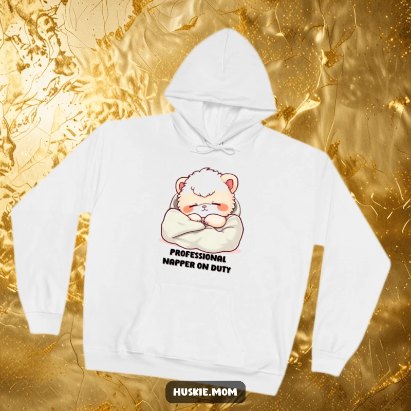 Funny hoodie featuring a fluffy animal in a deep, relaxed nap within soft materials, symbolizing ultimate coziness.