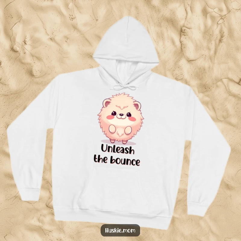 Funny hoodie showcasing a fluffy animal energetically bouncing with a wide, ecstatic smile, perfect for cozy fun.