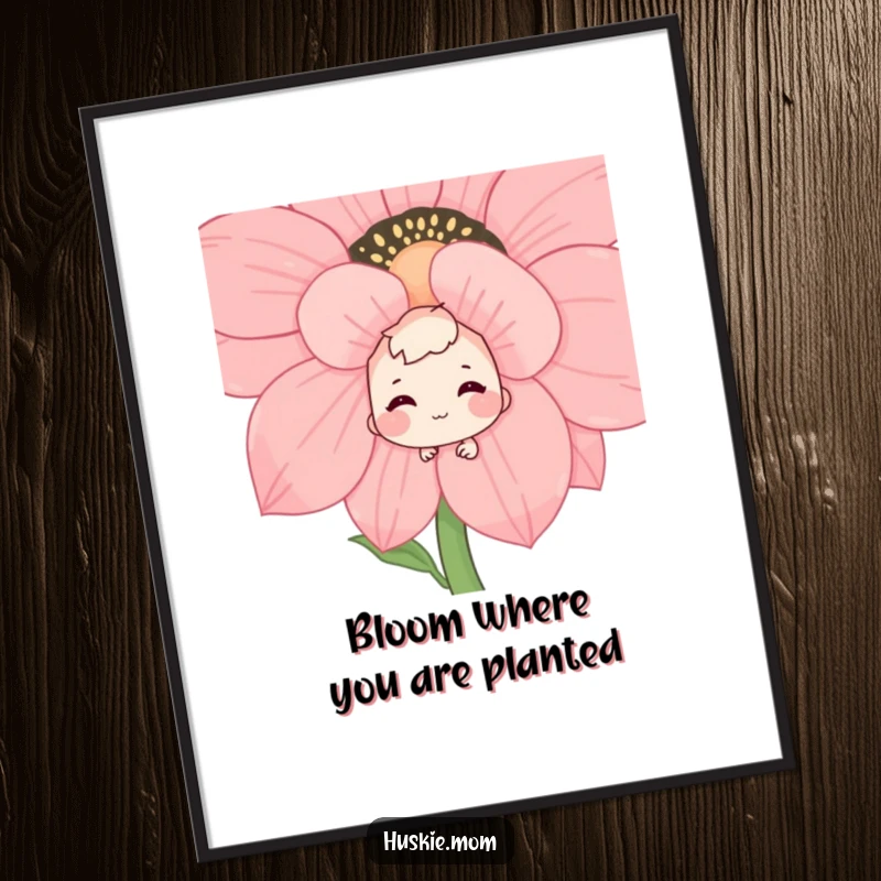 Funny Free Printable Wall Art: Shy character peeking from behind a huge flower, smiling with a bashful grin, unique Downloadable Art.