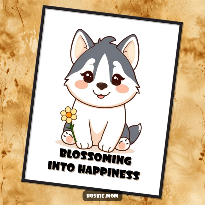 Funny Free Printable Wall Art: A kawaii husky offers a small, delicate flower with a heartwarming, happy smile.