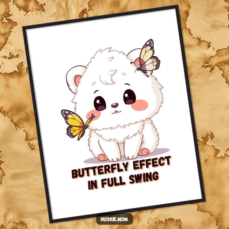 Funny Free Printable Wall Art: A Fluffy Animal with a Curious Head Tilt Watches a Butterfly in Wonder.