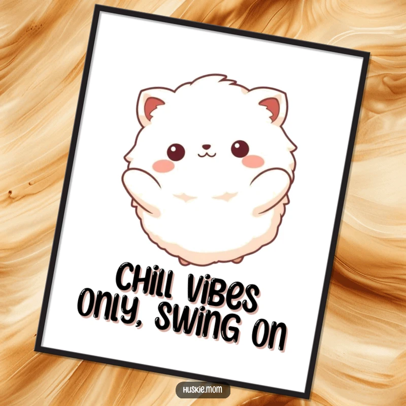 Funny Free Printable Wall Art: Fluffy animal with a beatific smile enjoys a gentle swing, serene and peaceful.
