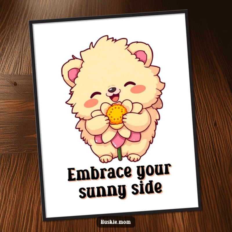 Funny Free Printable Wall Art: A fluffy animal with a sunny disposition joyfully embracing a large, colorful blooming flower