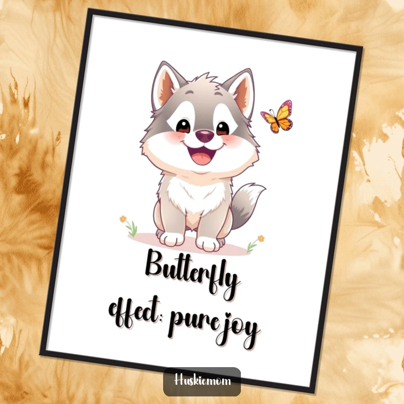 Funny Free Printable Wall Art of a fluffy husky happily chasing a butterfly, adding a touch of playful charm.