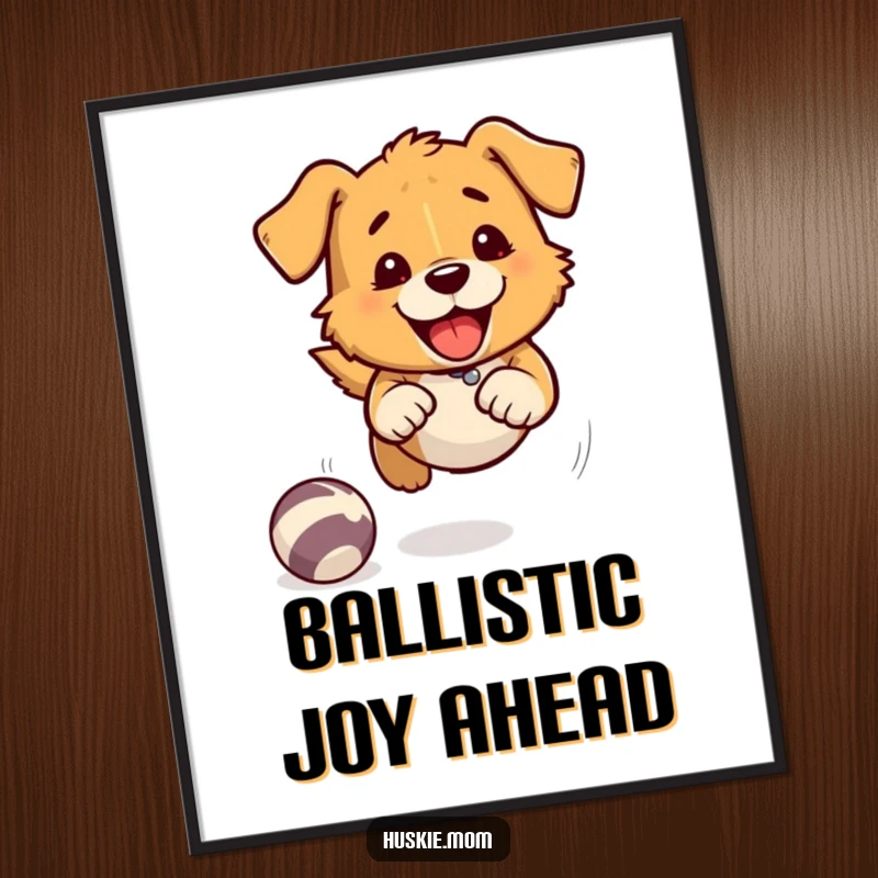 Funny Free Printable Wall Art: A dog character is shown in mid-chase, playfully pursuing a bouncing ball with speed lines.