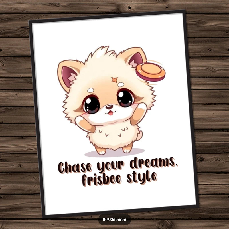 Funny Free Printable Wall Art: A fluffy animal with large, twinkling eyes joyfully tossing a frisbee, full of playful energy.